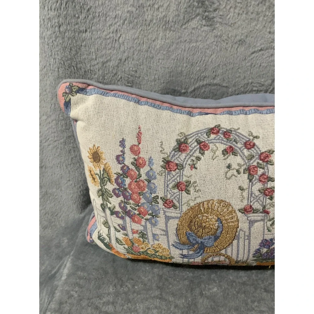 Vtg Garden Tapestry Throw Pillow Birdhouse Sun Hat Floral Accent Blue Cottage